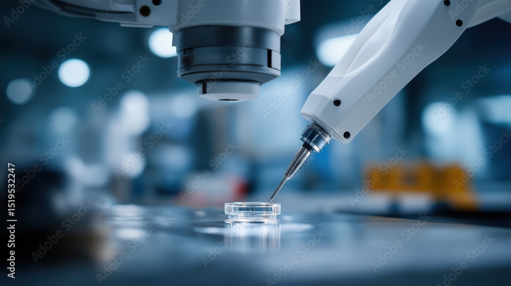 Robotic arm is delicately positioned above petri dish, showcasing advanced technology in laboratory setting. scene conveys precision and innovation in scientific research Robotic arm is delicately positioned above petri dish, showcasing advanced technology in laboratory setting. scene conveys precision and innovation in scientific research