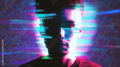 Abstract glitch effect on a man's face, digital distortion and vivid vibrant colors