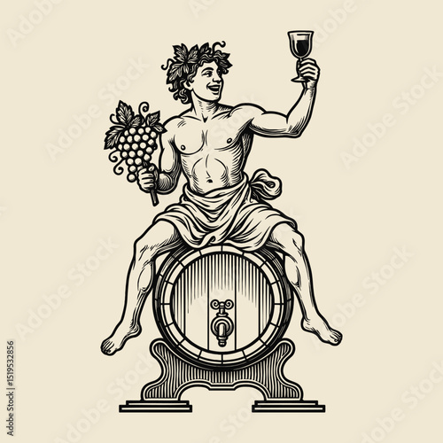 Dionysus on wine barrel engraving vector illustration

