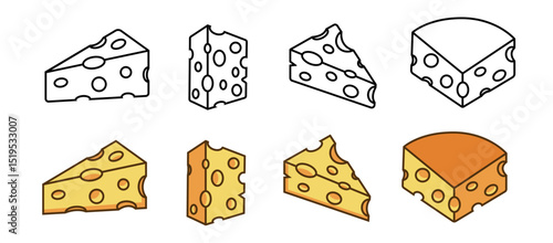 Cheese icon set featuring six different types of cheese  perfect for food blogs, menus, or culinary designs needing a tasty touch.Vector illustration