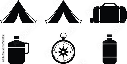 A set of camping icons featuring tents, a duffel bag, water bottles, and a compass in black and white style