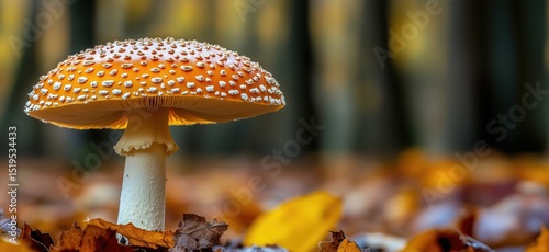 Vibrant orange fly agaric mushroom surrounded by autumn leaves in forest setting