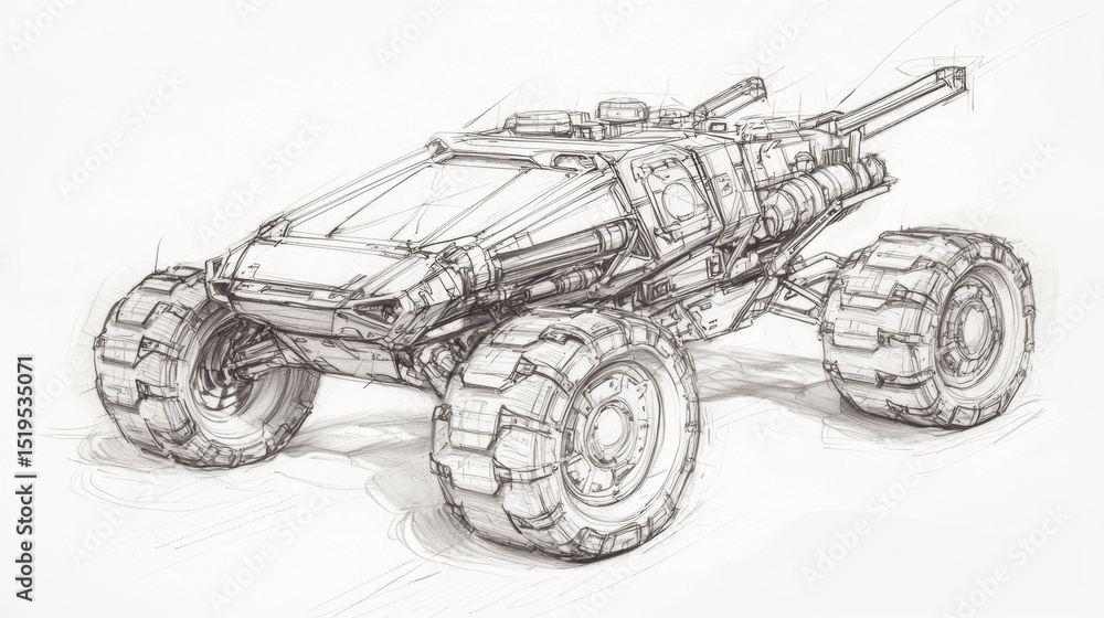 Fototapeta premium Concept drawing of an armored all-terrain vehicle featuring large wheels and a mounted turret