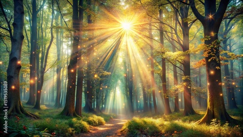 Misty morning sun lights up the path in the woods