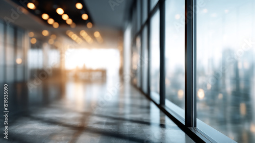 Wallpaper Mural Blurred view of modern office hallway large windows with city view sunlight polished floor Torontodigital.ca
