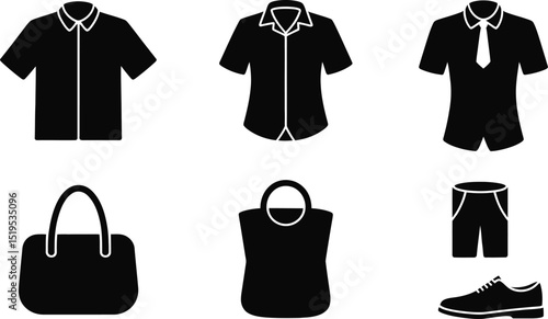 A collection of black clothing items including shirts bags shorts and a shoe on a white background