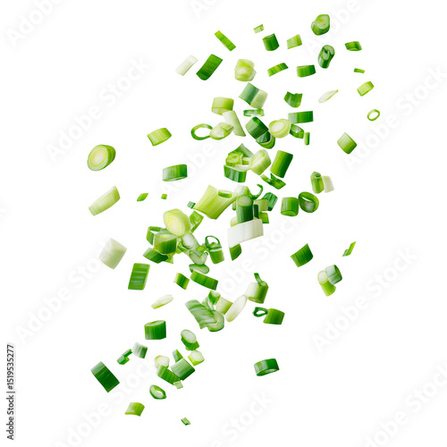 Beautiful falling chopped green onions for food design isolated on transparent background