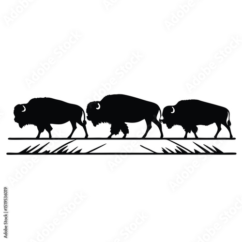 Three bison walking silhouette with grass graphic element vector illustration
