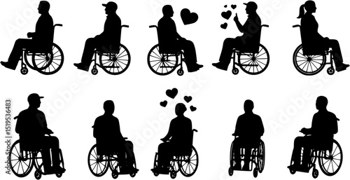 Couple in wheelchair vector silhouette set
