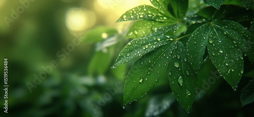 Close-up of fresh green leaves with water droplets glistening in sunlight