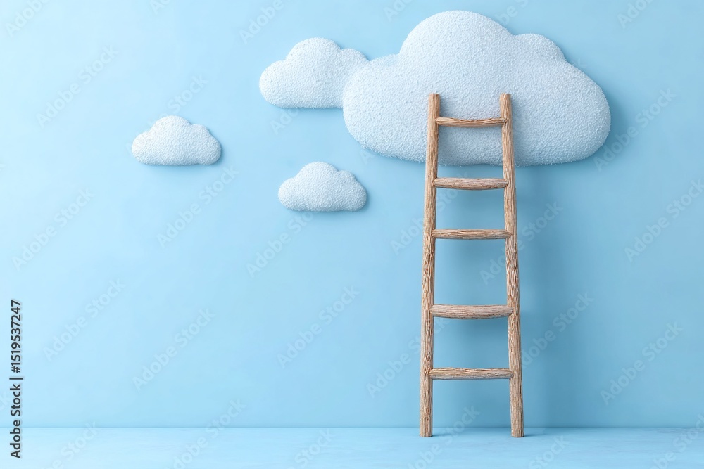 Ladder reaching for clouds on a blue wall, representing aspirations in a creative process and success. Generative Ai Ladder reaching for clouds on a blue wall, representing aspirations in a creative process and success. Generative Ai