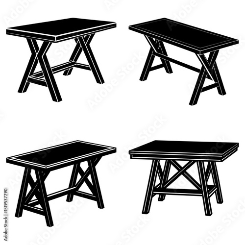 Four black and white tables with crossbeam support in varying perspectives and orientations shown here