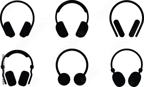 A collection of six black and white headphone icons arranged in a two by three grid pattern on white