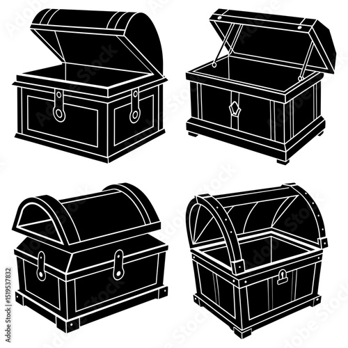 Four black and white illustrations of treasure chests in various open and closed positions on a white background