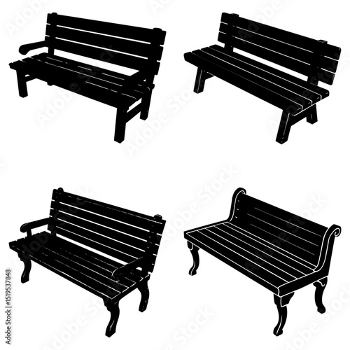 Four different styles of park benches in black and white with varying designs and orientations