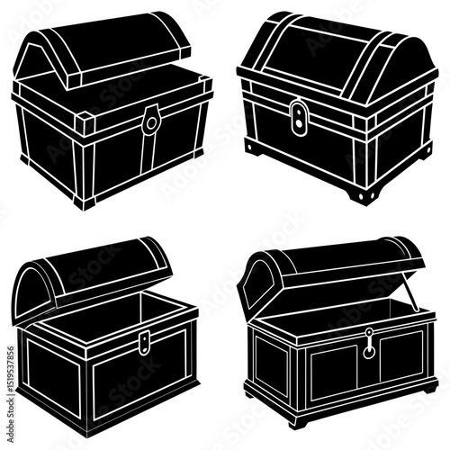 Illustration of four treasure chests in various states of opening and closing in a black and white style