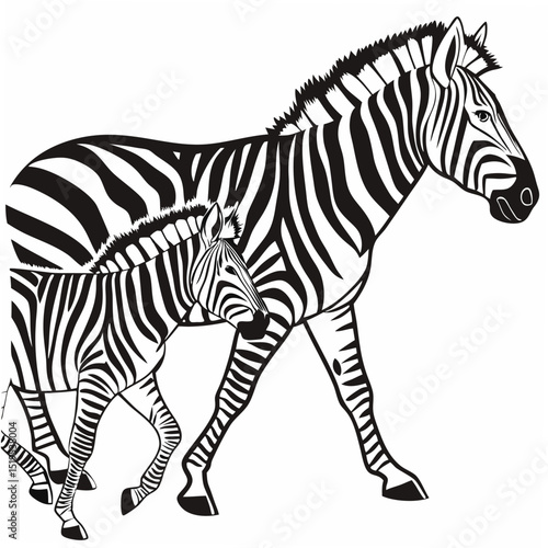 Zebra mother and foal walking together black and white vector illustration