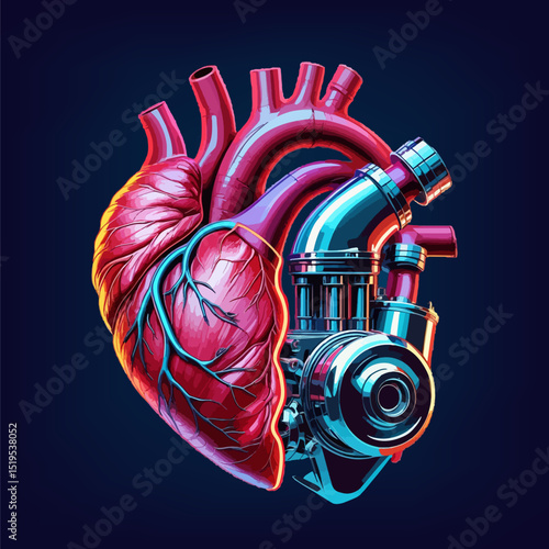 The human heart as a concept of a mechanism on dark blue background. An unreal human heart created as an engine.Concept of strong heart. Neon style for your design.  EPS10. 