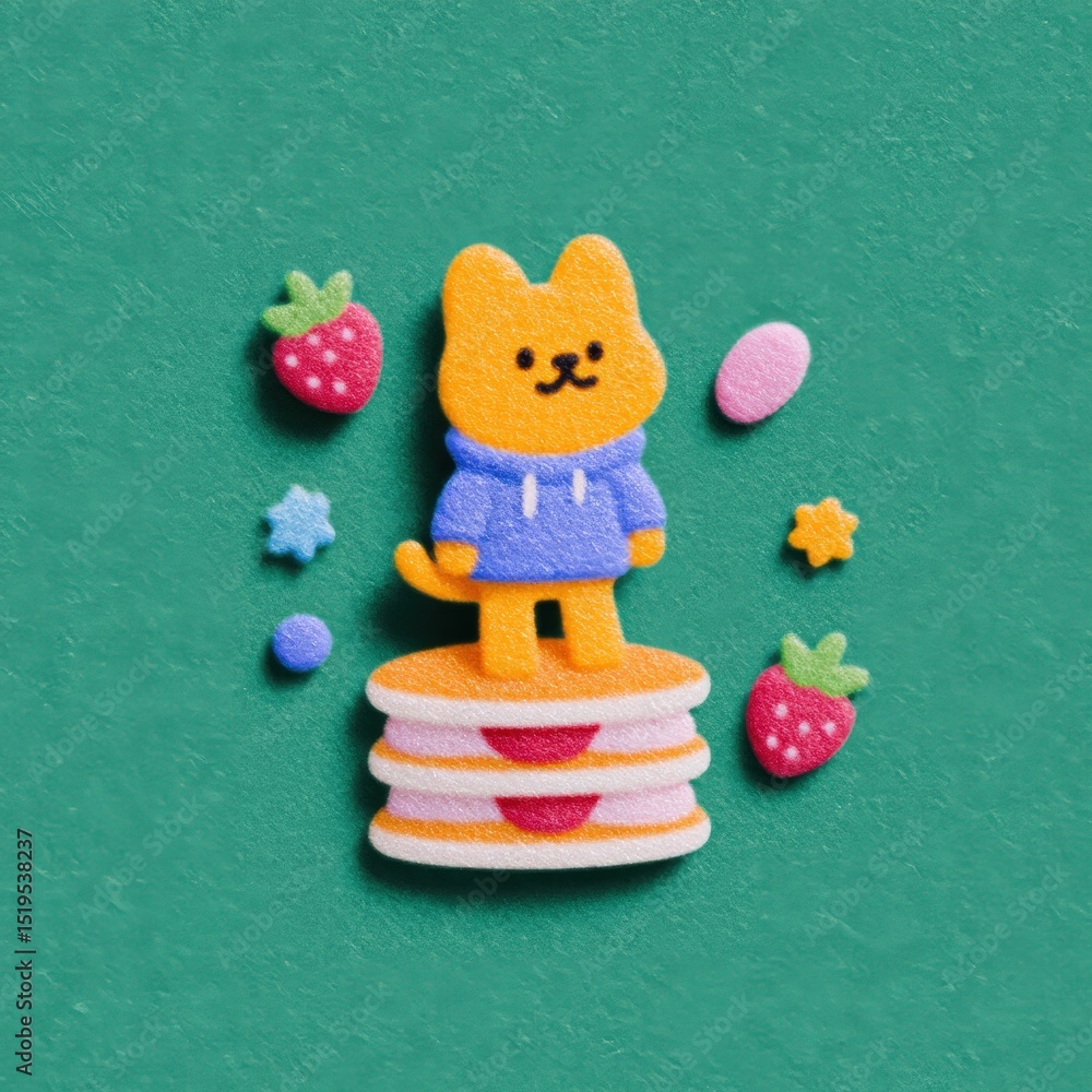 Naklejka premium Happy cartoon kitten on top of strawberry pancakes, tiny hoodie, surrounded by bright pastel decorations and treats