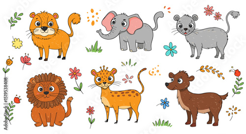 Cute cartoon animals illustration set