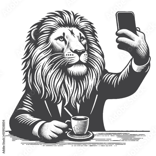 Vintage Hand-Drawn African Lion Taking Selfie With Phone Illustration – Wildlife Animal Engraved Style Vector for T-Shirts, Posters, Stickers, and Social Media Humor Themes Apparel