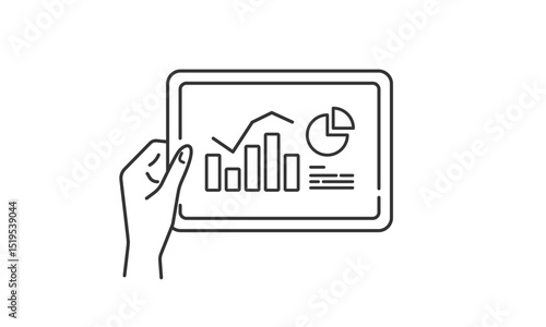 タブレットに表示されたグラフデータの線画イラスト (ベクター・モノクロ)