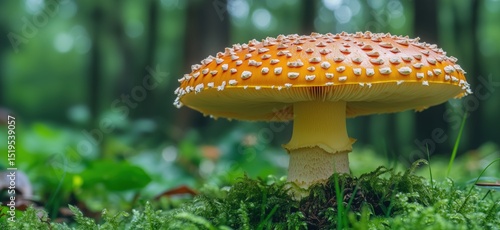 Vibrant orange mushroom with white spots in lush green forest setting