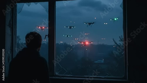 A young boy gazes out of a broken window at multiple drones flying in the twilight sky