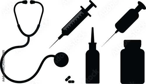 Black silhouettes of medical tools including stethoscope syringes pills and medicine bottles on white background