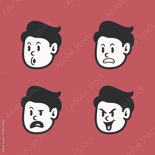 Set of cartoon boy faces with modern vintage style, showing angry, happy, winking, and shocked expressions. Great for emoticons, mascot design, and children’s content