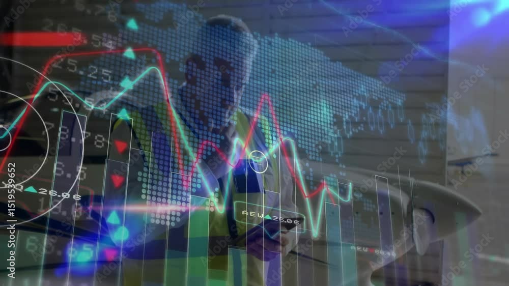 Ground worker tapping smartphone in hangar animating global data overlays monitoring jet status Ground worker tapping smartphone in hangar animating global data overlays monitoring jet status