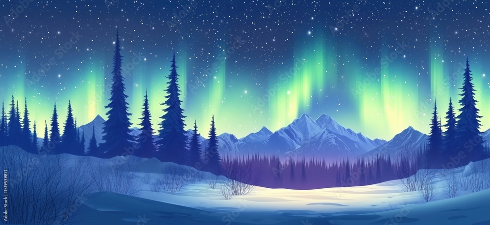 Fototapeta premium Stunning northern lights over snow-covered mountains and pine trees at night