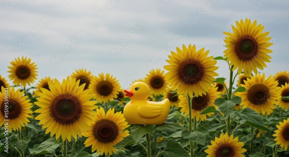 Fototapeta premium Yellow rubber duck on sunflower field against sky