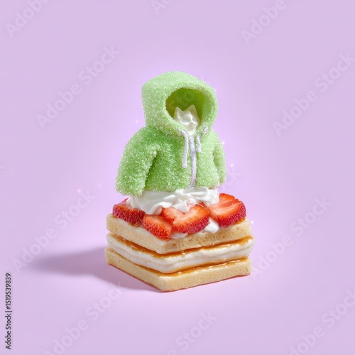 Cute cat sitting on pancakes with whipped cream and strawberries, pastel sparkles background, tiny hoodie and joyful face