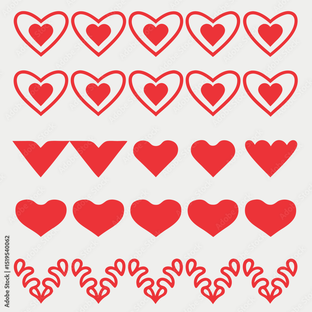 Red heart shape vector elements arranged in rows on light beige background for design projects Red heart shape vector elements arranged in rows on light beige background for design projects