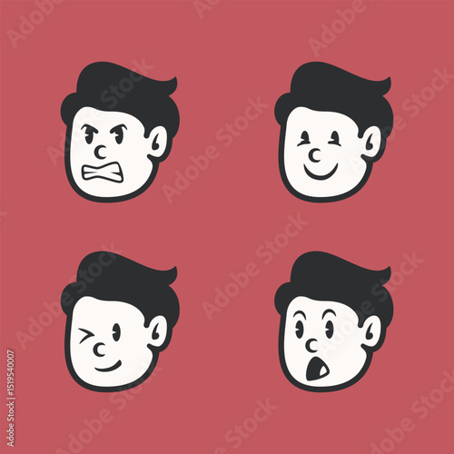 Set of cartoon boy faces with modern vintage style, showing angry, happy, winking, and shocked expressions. Great for emoticons, mascot design, and children’s content