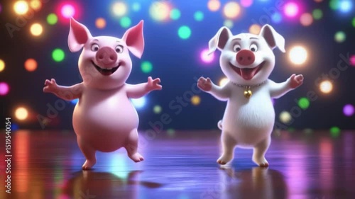 Cheerful animated pigs dancing under vibrant disco lights with dynamic movements and expressions