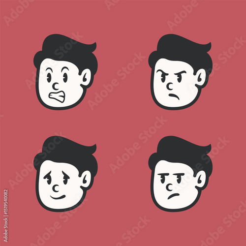 Set of cartoon boy faces with modern vintage style, showing angry, happy, winking, and shocked expressions. Great for emoticons, mascot design, and children’s content