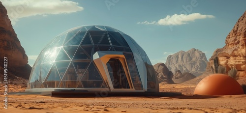 Futuristic geodesic dome structure in desert landscape with mountains and orange orb