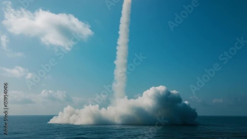 Dramatic ocean missile launch with bright flame against a clear blue sky scene