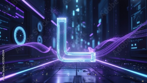 Holographic Letter L Surrounded by Purple Energy Waves in Futuristic Digital Control Room