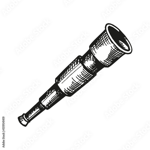 vector vintage spy glass, hand drawn ink nautical telescope, instrument for looking on distance, monochrome sketch of captain and sailor optical tool, black illustration of marine retro glass item