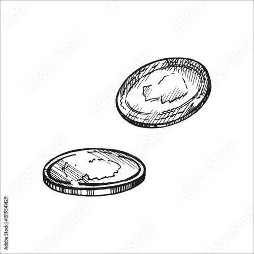 vector two coins, hand drawn set of gold metal money, monochrome illustration of cash, sketch of wealth, treasure trove for business and finance decoration, blogs, pictures