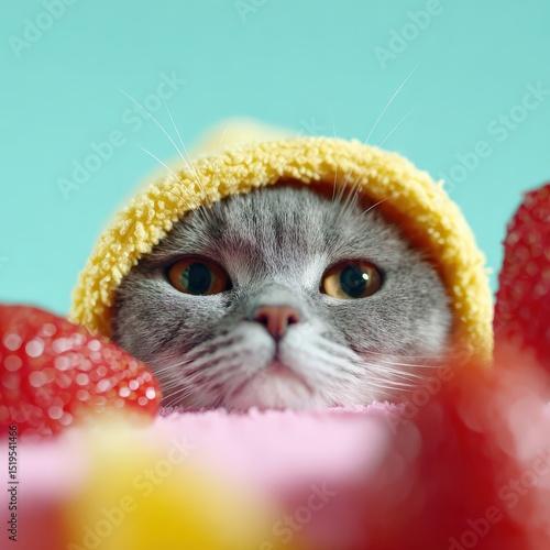 Adorable cat with soft eyes in hoodie, resting on strawberry pancakes, pastel market background with sweets and fruit