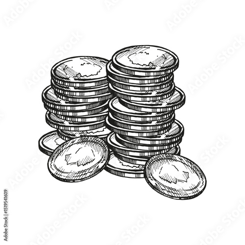 vector large bunch of coins, hand drawn heap of gold metal money, monochrome illustration of cash, pile of money, sketch of wealth, treasure trove for business and finance decoration, blogs, pictures