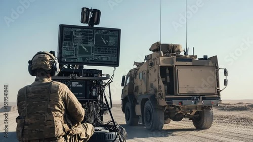 Military Tactical Operations Center in desert environment with advanced armored vehicle