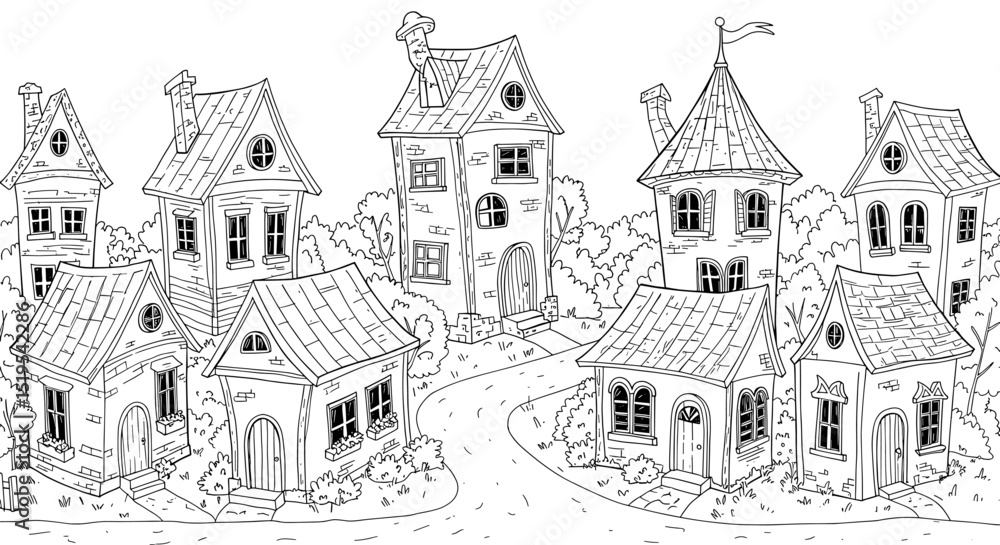 Obraz premium Detailed black and white illustration of various houses in a charming village