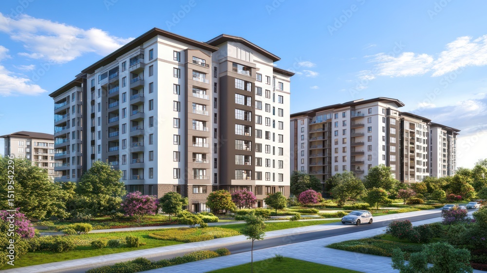 A sunny day rendering shows two modern apartment buildings with balconies, landscaping, and cars parked along the street A sunny day rendering shows two modern apartment buildings with balconies, landscaping, and cars parked along the street