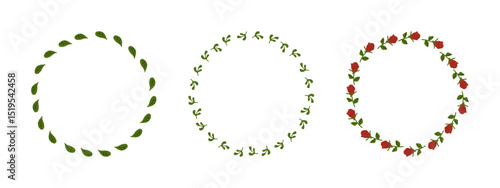 Leaf and Rose Floral Frame Set. Three circular botanical frames with green leaves and red rosebuds in flat cartoon style, isolated on white background.
