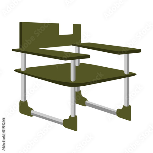 Cartoon Green Camping Chair Icon. Portable outdoor chair with armrests and metal tubing, illustrated in flat cartoon style, isolated on white background.
